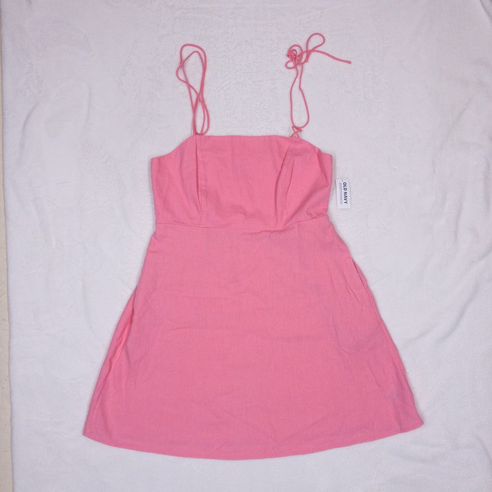 Old Navy Fit Flare Tie Shoulder Mini Cami Dress Womens Medium Pink Linen Pockets